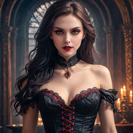 A woman with long brown hair and dark makeup stands in front of a large window adorned with gold trim, wearing a black corset with red lace detailing and a red necklace featuring a large pendant. The room is dimly lit by candles on the windowsill, creating an atmospheric setting for the scene.