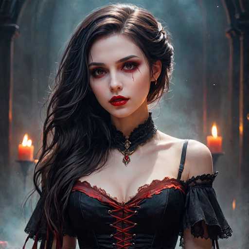 A woman with long dark hair wearing a black corset and red lipstick stands in front of two candles on either side of her face, with a Gothic-style building visible behind her.