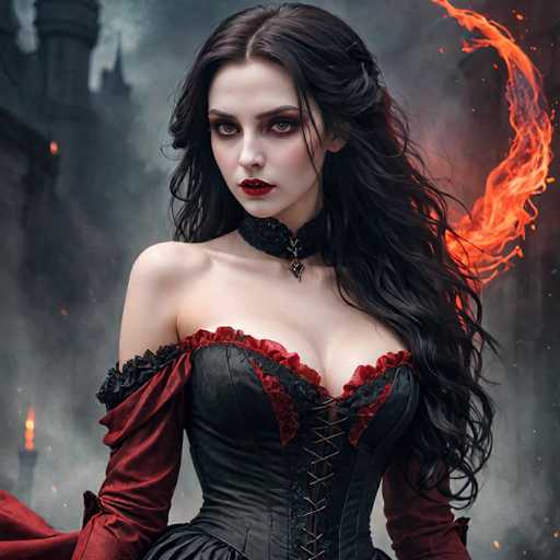 A woman with long dark hair wearing a black corset and red cape stands against the backdrop of a castle or fortress, with flames shooting out from the top right corner.