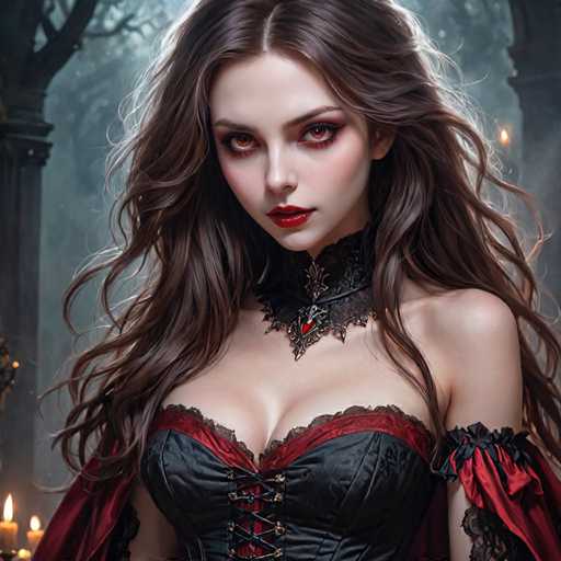 The image depicts a woman with long brown hair wearing a black corset and red lipstick. She is standing against a dark background that includes trees and candles. The woman's gaze is directed straight at the camera, creating an intense and captivating atmosphere.