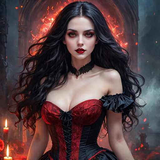 A woman with long dark hair wearing a red corset and black top stands in front of a burning archway, holding a candle. The background is shrouded in darkness, with flames licking at the edges of the archway.