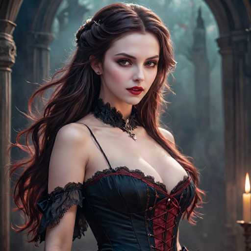 A woman with long brown hair wearing a black corset and red lipstick stands in front of an archway, holding a lit candle that casts a warm glow on her face.