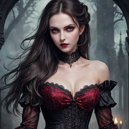 A woman with long dark hair wearing a red and black corset stands in front of an archway in a Gothic-style setting. The background is shrouded in darkness, creating an atmosphere of mystery and intrigue.