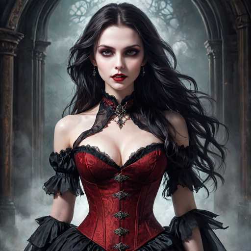 A woman with long dark hair and a red corset stands in front of an archway, wearing a black dress and a necklace with a large pendant. The background is shrouded in fog, creating an atmospheric and mysterious setting for the scene.