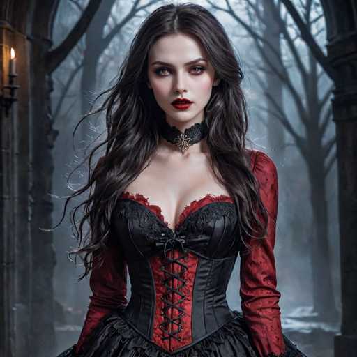 A woman with long dark hair wearing a red and black corset stands in front of a dark forest, holding a lantern.