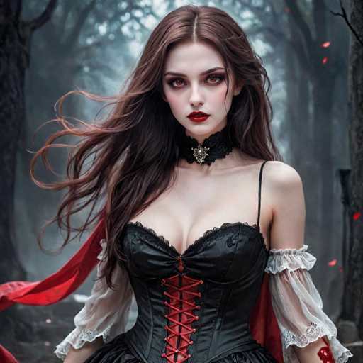 A woman with long brown hair and red lipstick stands in a forested area wearing a black corset with white lace sleeves and a red cape draped over her shoulders.