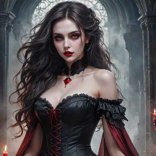 A woman with long dark hair wearing a black corset and red cape stands in front of an archway, holding two candles that cast a warm glow on her face as she gazes directly at the camera.