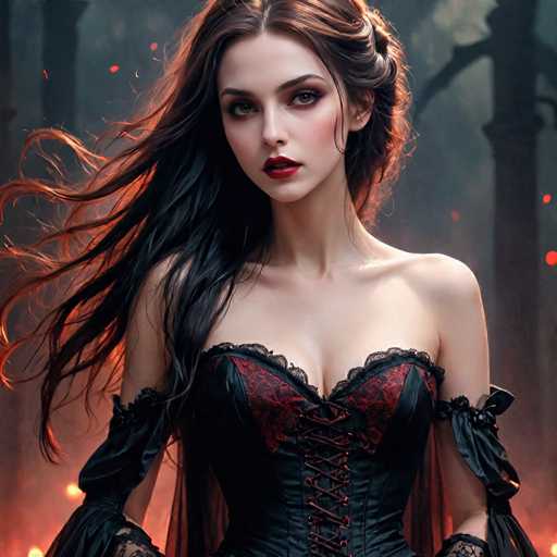 A woman with long brown hair and dark makeup stands against a dark background featuring trees and fireflies. She is wearing a black corset with red lace detailing and a matching black dress that falls to her knees. The image does not contain any discernible text or countable objects, but the woman appears to be in a forest setting.