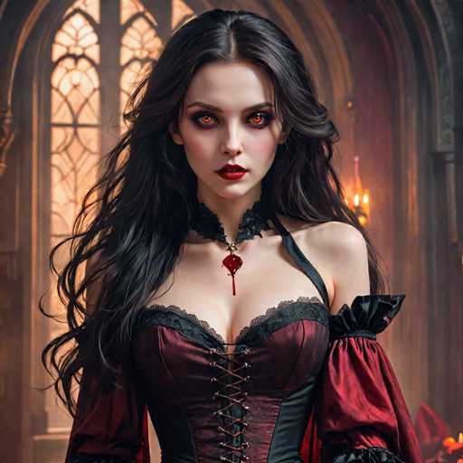 The image shows a woman with long dark hair wearing a corset and red lipstick. She is standing in front of an ornate window that has stained glass panels, giving the scene a Gothic atmosphere. The woman's attire includes a black dress with lace detailing on the bodice and a red cape draped over her shoulders.