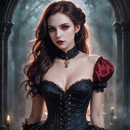 A woman with long brown hair wearing a black corset and red lipstick stands in front of an archway, holding a candle. The background is dark and shrouded in fog, creating an atmospheric setting for the scene.