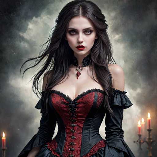 A woman with long dark hair wearing a red and black corset stands against a dark background with three candles on either side of her.