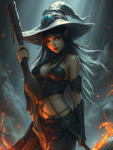 A woman with long dark hair is depicted as a witch standing against the backdrop of a fire-breathing dragon and a black sky filled with flames. She is wearing a white hat adorned with a blue gemstone on top and holding a broom in her right hand while gripping a sword in her left hand, ready to face any challenge that comes her way.
The style of this image can be described as fantasy or magical realism, which often combines elements from various mythologies and folklore to create a unique and imaginative world.