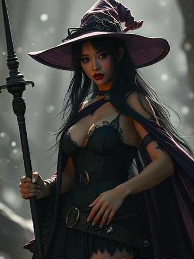 A woman dressed as a witch stands against a dark background with her hair styled in an elegant updo and wearing a purple dress that matches the color of her hat. She holds a staff in one hand and a wand in the other, ready to cast spells or perform magic tricks.