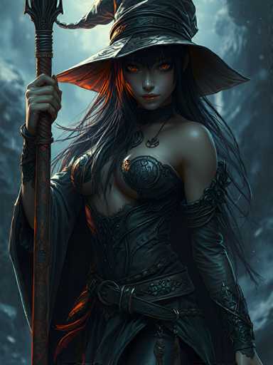 The image depicts a woman dressed as a witch with long dark hair and a pointed hat. She is holding a staff and has a sword at her side. The background features a forest setting with trees and bushes in the distance.