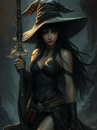 The image depicts a woman dressed as a witch with long dark hair and a pointed hat. She is holding a sword in her right hand and has a necklace around her neck. The background features a dark and mysterious setting that includes a cave-like structure on the left side of the frame, suggesting an underground or hidden location.