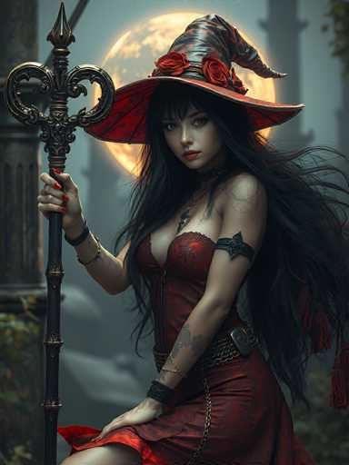 A woman dressed as a witch stands against a backdrop of a full moon and trees. She is wearing a red dress with gold accents and a black hat adorned with red flowers. The woman holds a staff in her right hand and has a necklace around her neck.