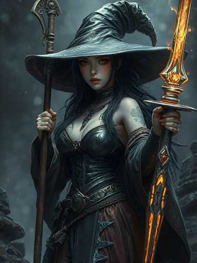 A woman dressed as a witch stands against a dark background with her arms crossed and holding a sword aloft.