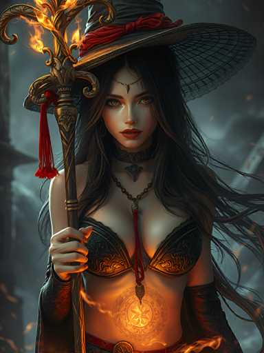 The image depicts a woman with long dark hair wearing a black hat and a red headband. She is holding a staff adorned with flames on it, suggesting she may be a witch or a witch-like figure. The background features a dark gray color, which contrasts with the woman's attire and adds depth to the scene.