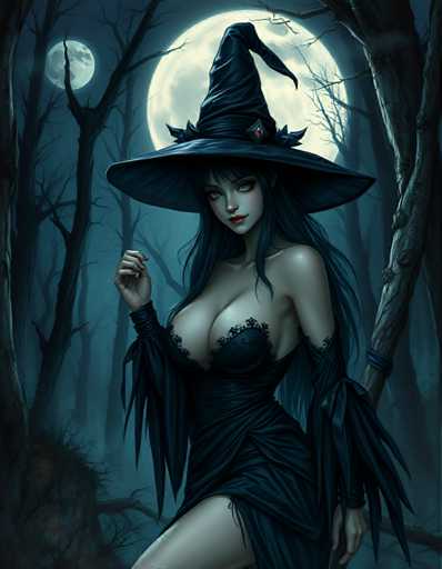 The image depicts a woman dressed as a witch standing in front of a full moon and surrounded by trees with bare branches against the dark blue sky.