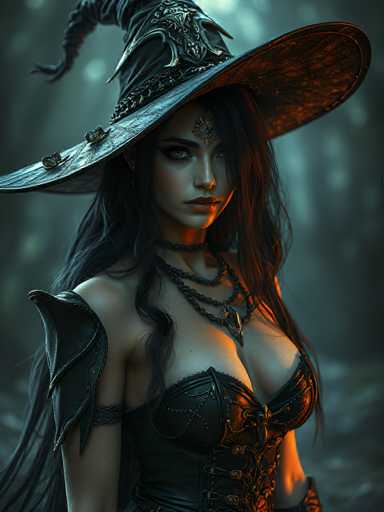 A woman with long dark hair is standing in a forested area wearing a black witch's hat and corset. She has her arms crossed over her chest and is looking directly at the camera.