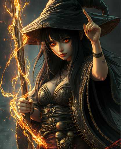 A woman with long dark hair is depicted wearing a black witch's hat and holding a stick of fire. She has a red bracelet on her wrist and is dressed in a black outfit adorned with gold accents. The background features a gradient of orange and yellow colors, creating an ethereal atmosphere around the woman.