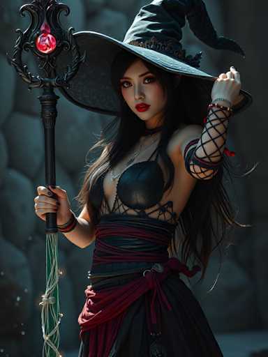 A woman dressed as a witch stands against a dark background with her arms raised high and a wand in her hand.