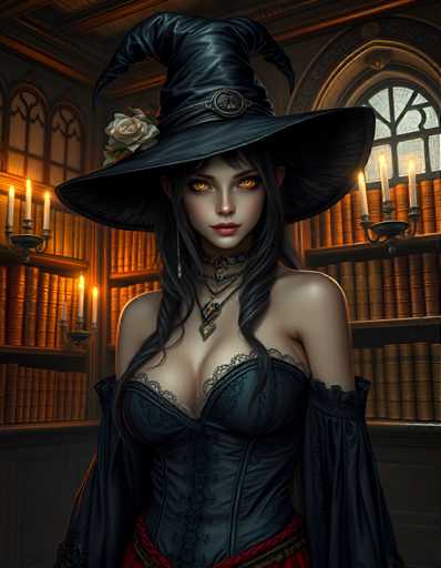 The image depicts a woman dressed as a witch standing in front of a bookshelf filled with numerous books and candles. The woman is wearing a black corset and a tall black hat adorned with a feather on the side. She has long dark hair that falls over her shoulders, adding to the overall mysterious atmosphere of the scene.