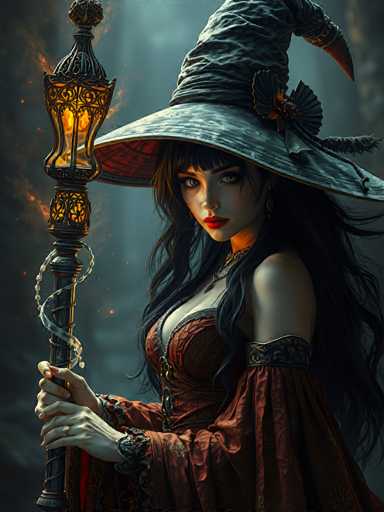 A woman with long dark hair is standing against a backdrop of trees and bushes. She is wearing an ornate hat that has a feather at the top and a flower on the side. The woman holds a lantern in her right hand and a staff in her left hand.