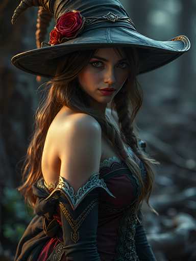 A woman with long brown hair wearing a black witch's hat adorned with a red rose and gold accents stands in front of a tree trunk against the backdrop of a forest.