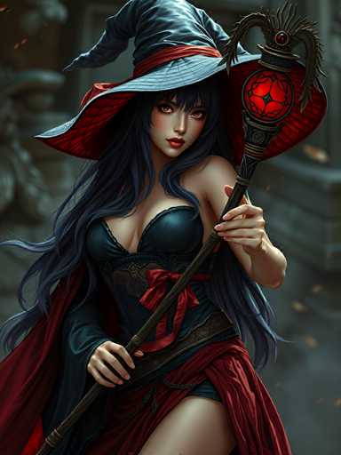 A woman with long dark hair is depicted wearing a blue witch's hat and holding a wand with red lights at the end of it. She has her arms crossed over her chest and is standing in front of a building.