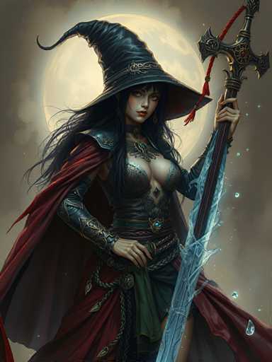 A woman dressed as a witch stands against a backdrop of a full moon and a starry night sky. She is wearing a black hat with a pointed top, a red cape, and a green necklace. The woman holds a sword in her right hand and a shield in her left hand.