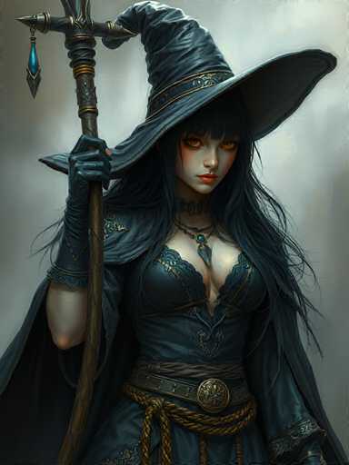 The image depicts a woman dressed as a witch with long dark hair and a pointed hat. She is holding a staff adorned with blue jewels and wearing a black dress that features gold accents. The background of the image is a light gray color, providing a stark contrast to the woman's dark attire.