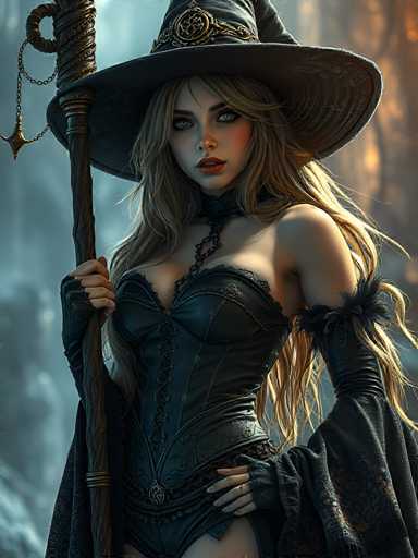 A woman with blonde hair and a black hat stands against a dark background, holding a staff and wearing a corset that is black with gold accents.