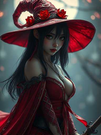 The image shows a woman with long dark hair wearing a red hat and a red dress. She is holding a sword in her right hand and has a serious expression on her face. The background of the image is blurred, suggesting that she might be standing in front of a forest or another type of natural setting.