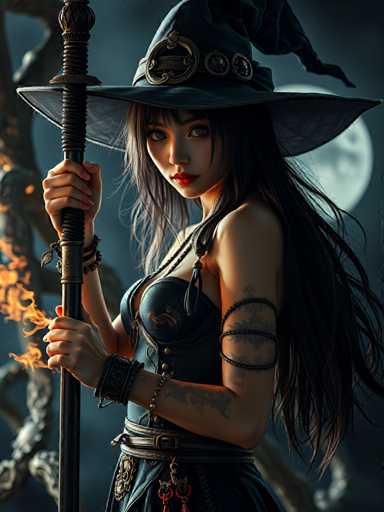 A woman dressed as a witch stands against a dark background with a full moon visible behind her. She is wearing a black dress and hat adorned with gold accents, holding a staff that has flames burning on it.