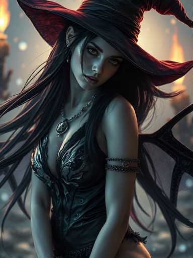 The image depicts a woman with long dark hair wearing a black dress and a red hat. She is positioned against the backdrop of a castle or castle-like structure, suggesting that she might be in a fantasy world or a fairy tale setting. The colors used are predominantly black, red, and brown, which contribute to the overall moody atmosphere of the scene.