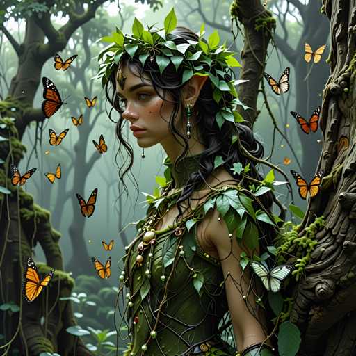 A woman with long dark hair is standing in a forest surrounded by trees and butterflies. She is wearing a green dress adorned with leaves and pearls, and she has a crown on her head. The background is filled with trees and butterflies, creating a sense of depth and wonder.