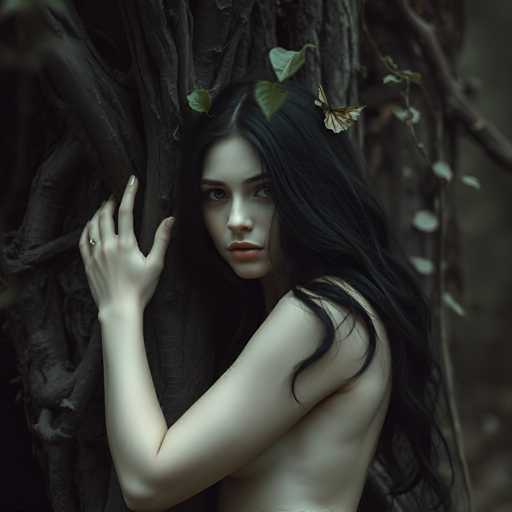 A woman with long dark hair is standing against a tree trunk and leaves. She has her arms wrapped around the tree trunk and she is wearing a necklace made of leaves on her head. The background appears to be a forest or wooded area.