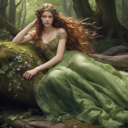 A woman with long red hair is seated on a mossy log in a forest setting. She is wearing a green dress adorned with gold accents and a crown of flowers on her head. The background features trees and foliage, creating a serene and enchanting atmosphere.