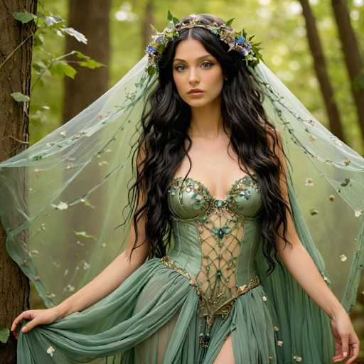 A woman with long dark hair is standing in a forest surrounded by trees and foliage. She is wearing a green dress adorned with gold accents that includes a crown on her head. The dress has a sheer veil covering her face, adding an air of mystery to the scene.