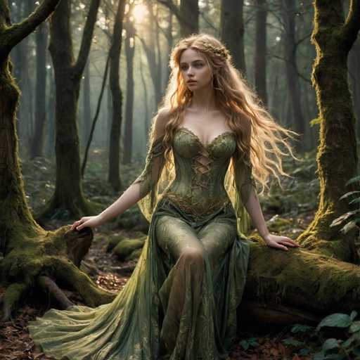 A woman with long blonde hair is sitting on a tree stump in a forest. She is wearing a green dress and has a crown of flowers on her head. The background features tall trees and moss-covered rocks.