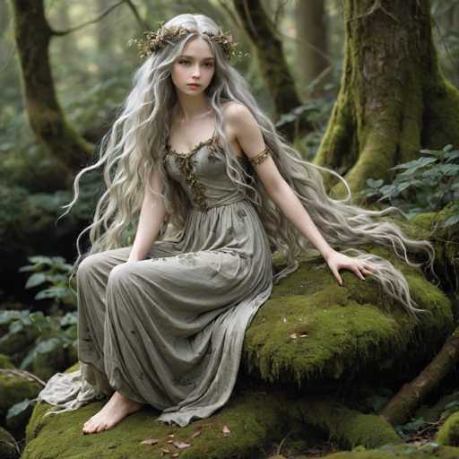 A young woman with long blonde hair is sitting on a mossy rock in the middle of a forest. She is wearing a long dress and has a crown made from flowers on her head. The background features trees and foliage, creating a serene and natural setting for the scene.