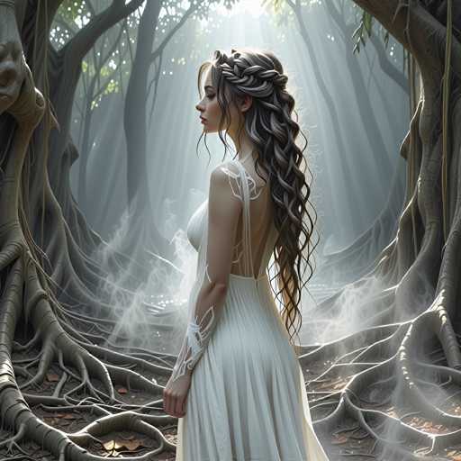 The image depicts a woman standing in a forest with her back turned towards the viewer. She is wearing a white dress and has long hair that falls down past her shoulders. The background of the image is filled with trees and roots, creating an atmosphere of mystery and intrigue.