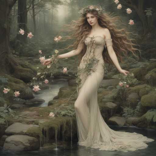 A woman with long brown hair and a white dress is standing on the bank of a river surrounded by lush green trees and bushes. She is holding a bunch of pink flowers in her hand.