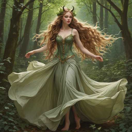 A woman with long blonde hair and a green dress is walking through a forest.