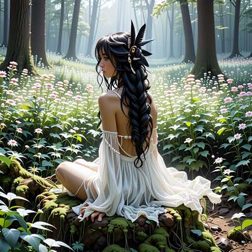 A woman with long dark hair is sitting on a rock in a forest clearing surrounded by white flowers and green trees.