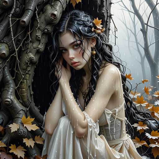 The image depicts a young woman with long dark hair wearing a white dress and holding her head down as she looks at the ground. The background is filled with trees and leaves, creating an impression of being in a forest or woods.