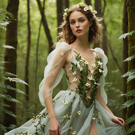 A young woman is captured in a moment of tranquility within a verdant forest. She wears a long, flowing dress adorned with white flowers and leaves that cascade down the sides like a waterfall of nature's artistry. The dress is made from a light green fabric that contrasts beautifully against her skin tone. Her hair is styled in loose waves, adding to the overall sense of freedom and relaxation. The forest around her is dense with trees, their trunks standing tall and proud, creating a canopy overhead that filters the sunlight into a soft glow.