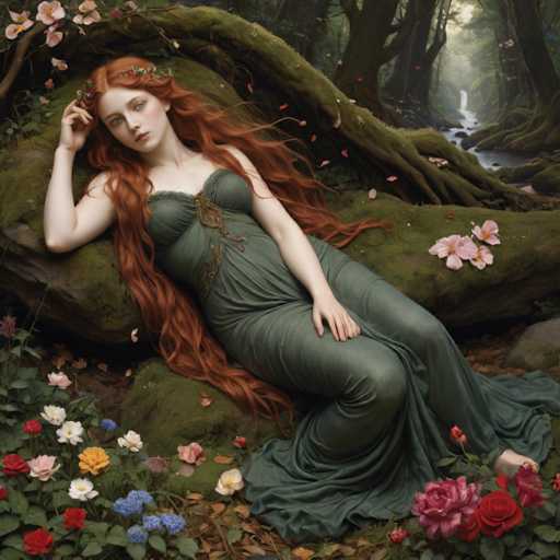 A woman with long red hair is lying on a mossy log in the center of a lush garden filled with flowers and trees. She is wearing a green dress that matches her surroundings. The background features a variety of colorful flowers and trees, creating a vibrant and serene atmosphere.