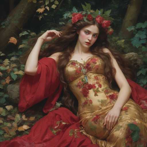 A woman with long brown hair is depicted wearing a gold dress adorned with red flowers and leaves. She has her hand resting on her hip and is surrounded by an array of fallen leaves and branches in the background. The image does not contain any discernible text or countable objects, but it appears to be a painting or illustration rather than a photograph.